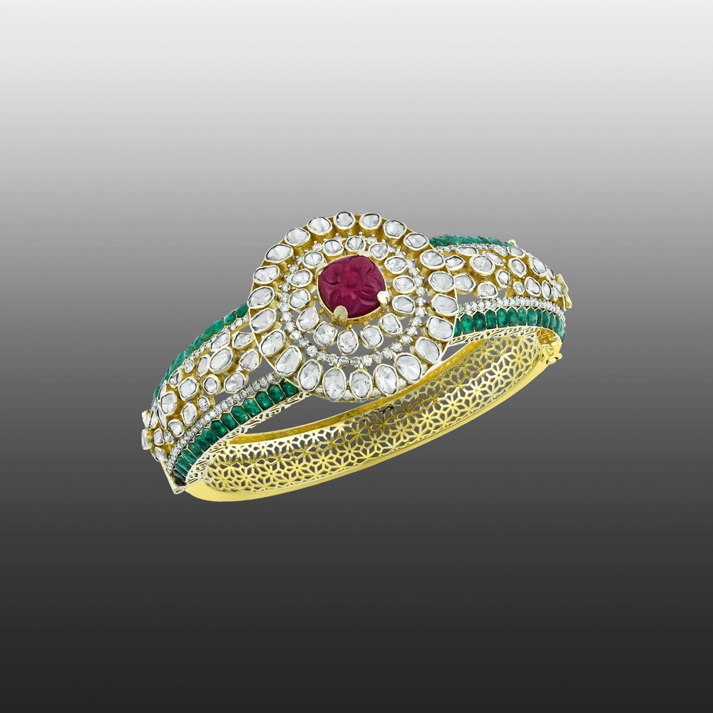 Polki Bangle with Carved Red Stone, Emerald Talafs and Latticework